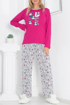 Pijama dama bumbac, confortabila, cu imprimeu Pinguini, Roz [0]