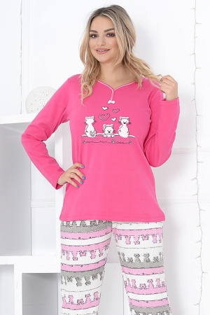Pijama dama bumbac, confortabila, cu imprimeu Pisici, roz [2]