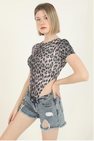 Body dama, imprimeu Animal print-Leopard, cu maneca scurta, top elastic, Gri [1]