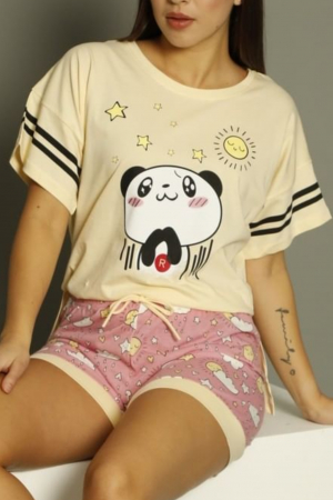 Pijama dama bumbac premium, cu maneci scurte si pantaloni scurti, Ursulet galben [2]