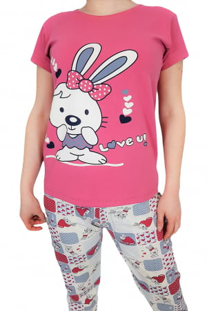 Pijama dama bumbac, confortabila, cu imprimeu Iepuras, Roz lila [3]