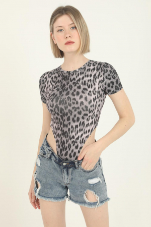 Body dama, imprimeu Animal print-Leopard, cu maneca scurta, top elastic, Gri [0]
