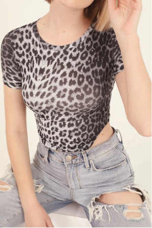 Body dama, imprimeu Animal print-Leopard, cu maneca scurta, top elastic, Gri [3]