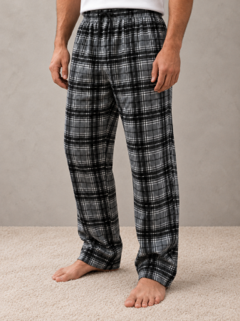 Pantaloni Pijama Barbati - Pantaloni de Pijama Barbati din Bumbac, in Carouri Gri-Negru, cu Talie Elastica