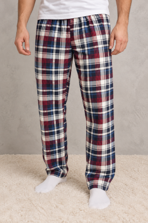 Pantaloni Pijama Barbati - Pantaloni de Pijama Barbati din Bumbac, Model in Carouri, Talie Elastica, Bleumarin-Bordo