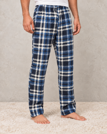 Pantaloni Pijama Barbati - Pantaloni de Pijama Barbati din Bumbac, cu Carouri Albastre si Talie Elastica