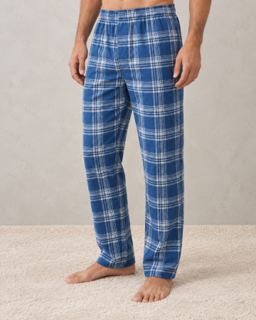 Pantaloni Pijama Barbati - Pantaloni de Pijama Barbati din Bumbac, Albastri in Carouri, cu Talie Elastica