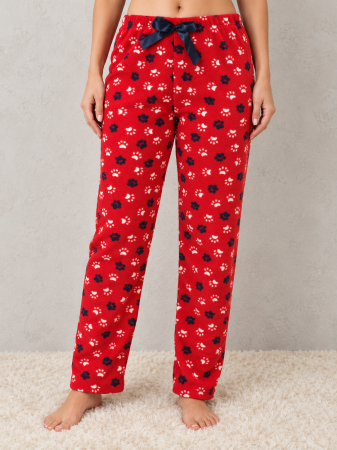 Pantaloni pijama dama - Pantaloni de pijama dama cocolino pufosi rosii cu imprimeu labute si funda bleumarin