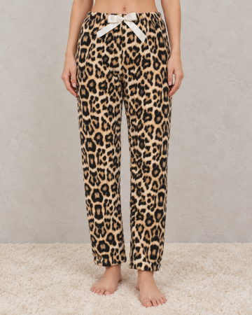 Pantaloni pijama dama - Pantaloni pufosi dama cocolino cu imprimeu leopard si fundita, pantaloni de casa caldurosi