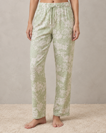 Pantaloni pijama dama - Pantaloni de Pijama Dama din Bumbac, Verde Deschis cu Imprimeu Floral, Talie Elastica si Croiala Lejera