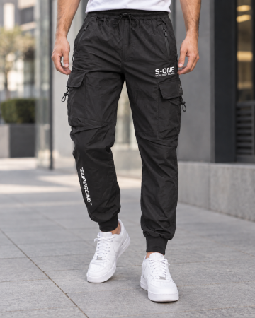 Pantaloni barbati - Pantaloni Fas Barbati Cargo, Material Subtire si Usor, Buzunare cu Fermoar, Talie Elastica, negru 8255
