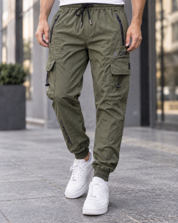 Pantaloni barbati - Pantaloni Fas Barbati Cargo, Material Subtire si Usor, Buzunare cu Fermoar, Talie Elastica, kaki 8255