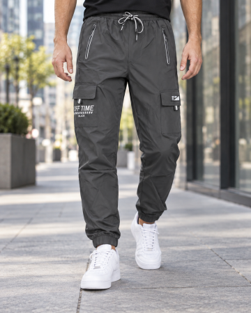 Pantaloni barbati - Pantaloni Fas Barbati Cargo, Material Subtire si Usor, Buzunare cu Fermoar, Talie Elastica, Gri Inchis 8301