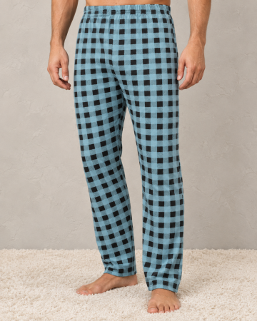 Pantaloni Pijama Barbati - Pantaloni Pijama Barbati din Bumbac, Albastri cu Carouri Negre, Croiala Lejera si Talie Elastica