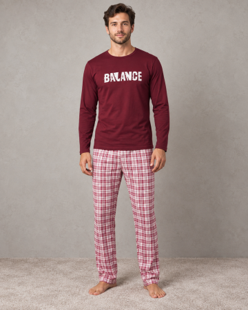 Pijamale barbati bumbac - Pijama barbati din bumbac cu bluza bordo BALANCE si pantaloni in carouri