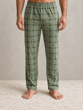 Pantaloni Pijama Barbati - Pantaloni de pijama barbati din bumbac, verde cu carouri, talie elastica
