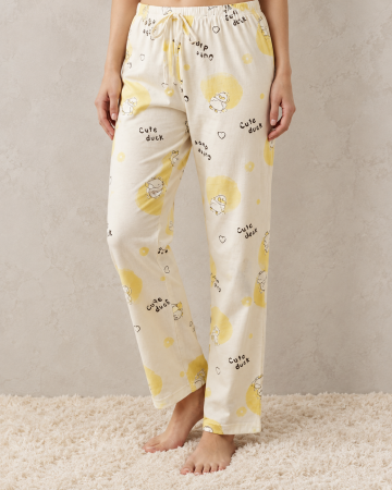 Pantaloni pijama dama - Pantaloni Pijama Dama din Bumbac, Model Cute Duck, Alb cu Galben, Talie Elastica