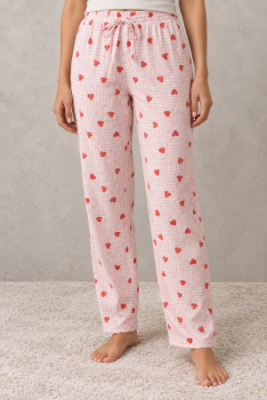 Pantaloni pijama dama - Pantaloni Pijama Dama din Bumbac Roz cu Inimioare - Model Confortabil pentru Casa si Somn