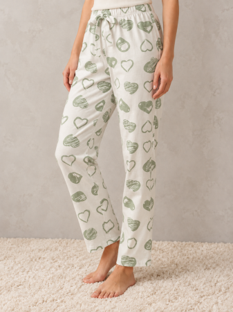 Pantaloni pijama dama - Pantaloni Pijama Dama din Bumbac, Albi cu Inimioare Verzi, Talie Elastica si Snur Reglabil