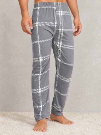 Pantaloni Pijama Barbati - Pantaloni Pijama Barbati Gri cu Carouri Albe, Model Lung, Confortabili pentru Casa si Somn