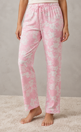 Pantaloni pijama dama - Pantaloni pijama dama din bumbac roz cu imprimeu floral si talie elastica