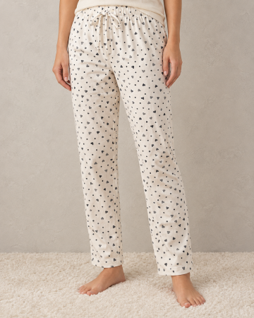 Pantaloni pijama dama - Pantaloni de Pijama Dama din Bumbac, Albi cu Inimioare, Talie Elastica, Croi Lejer