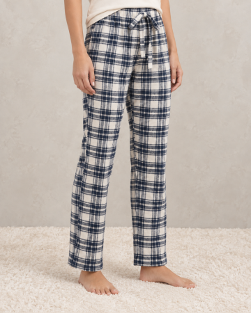 Pantaloni pijama dama - Pantaloni Pijama Dama din Bumbac, cu Carouri Bleumarin si Crem, Talie Elastica si Snur