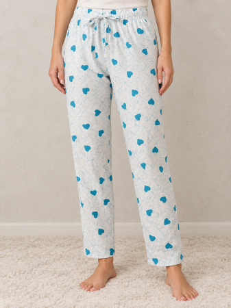 Pantaloni pijama dama - Pantaloni Pijama Dama din Bumbac cu Inimioare Albastre, Talie Elastica si Snur