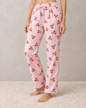 Pantaloni pijama dama - Pantaloni pijama dama din bumbac roz cu dungi si imprimeu cirese