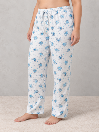 Pantaloni pijama dama - Pantaloni Pijama Dama Marime Mare din Bumbac, Albi cu Imprimeu Floral Albastru, Talie Elastica