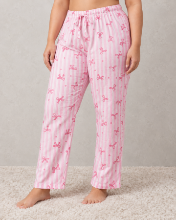 Pantaloni pijama dama - Pantaloni Pijama Dama Marimi Mari din Bumbac, Roz cu Dungi si Fundite