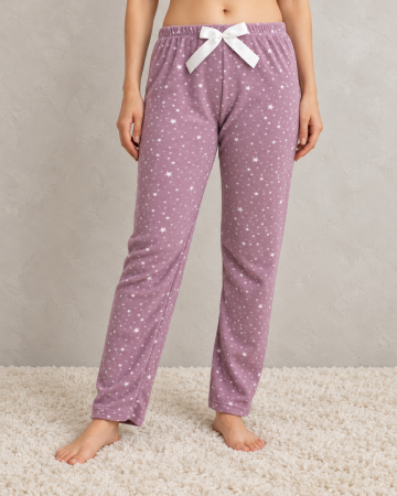 Pantaloni pijama dama - Pantaloni Pijama Polar Dama Mov cu Stelute, Moi si Caldurosi, cu Talie Elastica