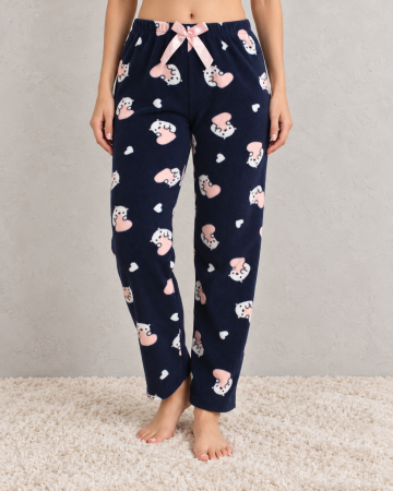 Pantaloni pijama dama - Pantaloni Pijama Polar Dama Bleumarin cu Inimioare Roz - Moi, Pufosi si Caldurosi