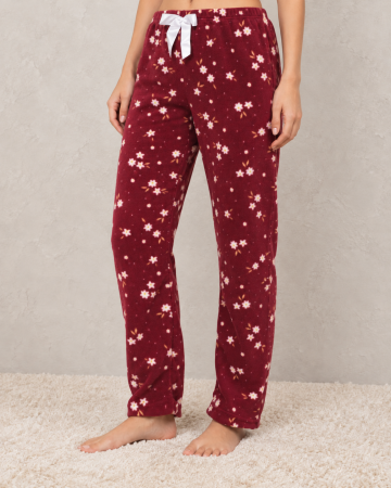 Pantaloni pijama dama - Pantaloni Pijama Polar Dama Bordo cu Flori - Moi, Pufosi si Caldurosi