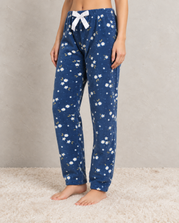 Pantaloni pijama dama - Pantaloni Pijama Polar Dama, Moi si Caldurosi, cu Flori, Albastri