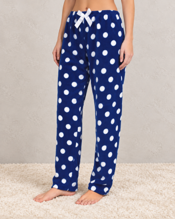 Pantaloni pijama dama - Pantaloni Pijama Polar Dama Moi si Caldurosi, Albastri cu Buline Albe