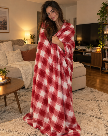 Paturi si Cuverturi - Patura Polar 210x180 cm, Moale si Calduroasa, Rosie cu Carouri, pentru Pat si Canapea