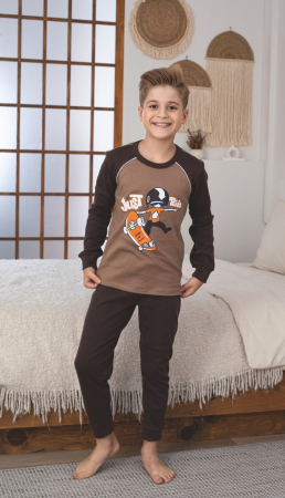 Pijamale copii - Pijama baieti, din material bumbac, maneci si pantaloni lungi,maro 24