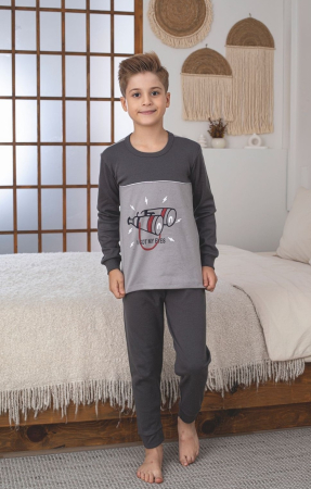 Pijamale copii - Pijama baieti, din material bumbac, maneci si pantaloni lungi, gri 13