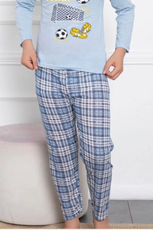 Pijama baieti, din material bumbac, maneci si pantaloni lungi, imprimeu Goal, albastru, embody.ro [1]