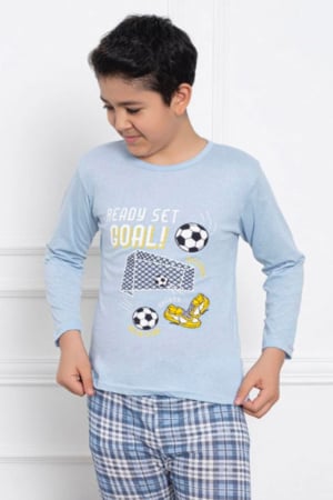 Pijama baieti, din material bumbac, maneci si pantaloni lungi, imprimeu Goal, albastru, embody.ro [2]