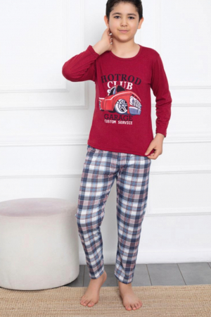 Pijamale copii - Pijama baieti, din material bumbac, maneci si pantaloni lungi, imprimeu Club Garage, rosu, embody.ro