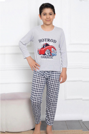 Pijamale copii - Pijama baieti, din material bumbac, maneci si pantaloni lungi, imprimeu Club Garage, gri deschis, embody.ro