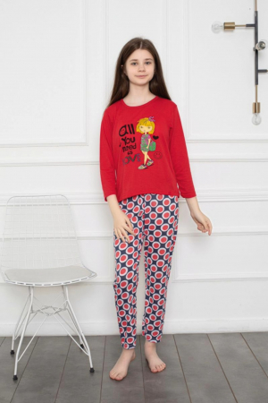 Pijamale copii - Pijama fete, din material bumbac, maneci si pantaloni lungi, imprimeu Love, rosu, embody.ro