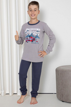 Pijamale copii - Pijama baieti, din material bumbac, maneci si pantaloni lungi, imprimeu masina, gri embody.ro