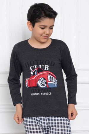 Pijama baieti, din material bumbac, maneci si pantaloni lungi, imprimeu Club Garage, gri, embody.ro [2]