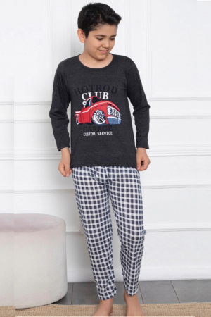 Pijamale copii - Pijama baieti, din material bumbac, maneci si pantaloni lungi, imprimeu Club Garage, gri, embody.ro
