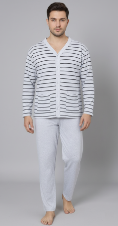 Pijamale finet - Pijama barbat bumbac, marime mare, maneci si pantaloni lungi, cu dungi, gri deschis 16114