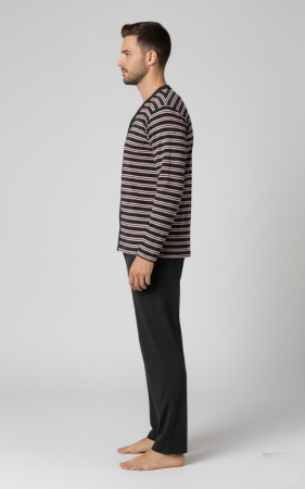 Pijama barbat bumbac, marime mare, maneci si pantaloni lungi, cu dungi, negru 16114 [2]