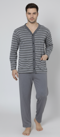 Pijamale finet - Pijama barbat bumbac, marime mare, maneci si pantaloni lungi, cu dungi, gri inchis 16114